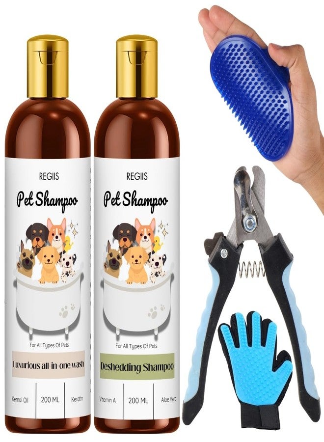 REGIIS Pet Grooming Kit, Dog Shampoo Set with Deshedding Tool, Massage Brush, Nail Clipper, 2 Bottles 200ML Each, for All Types of Pets - Image 1